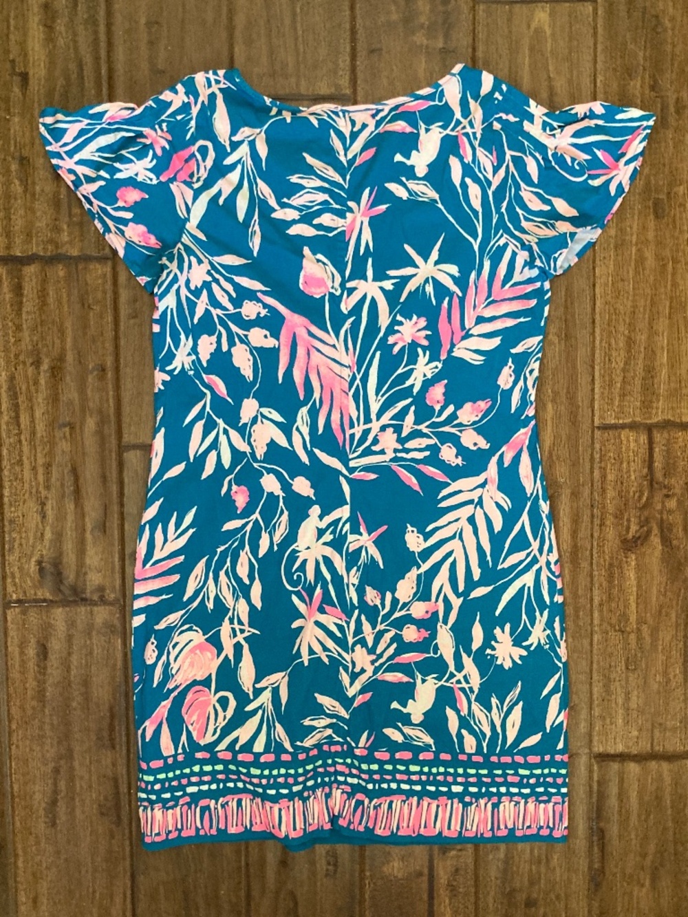 Lilly Pulitzer Short Sleeve Shirt Dress Teal Blue Pink Tropical Vacation Large - Picture 2 of 5